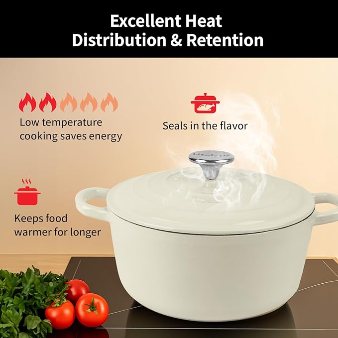 Enameled Cast Iron Dutch Oven Pot with Lid, 5.7 Quart Dutch Oven for Bread Baking, Oven Safe up to 500° F, Suitable for Bread Baking, Braising, Roasting, Stews, White