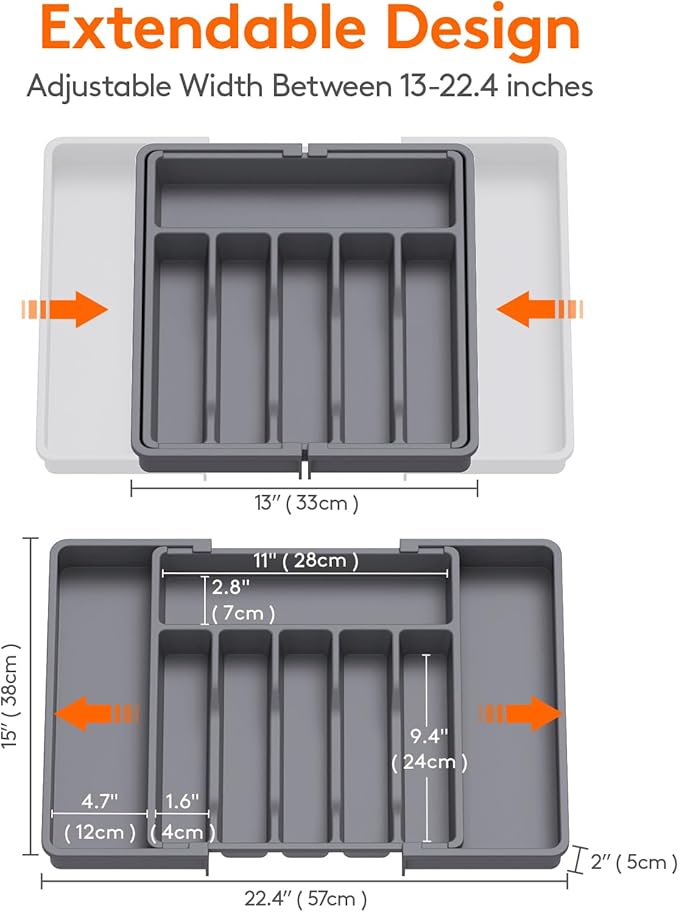 Lifewit Silverware Drawer Organizer, Expandable Utensil Tray for Kitchen, BPA Free Flatware and Cutlery Holder, Adjustable Plastic Storage for Spoons Forks Knives, Large, Dark Gray