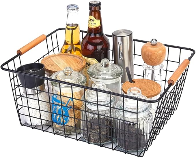 LeleCAT Large black wire baskets with Wooden Handles for storage pantry, Storage Organizer Baskets, Household Refrigerator for Cabinets, Closets, Bedrooms, kitchen - Set of 3 Black
