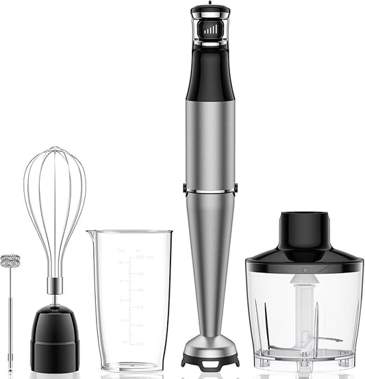 Immersion Blender Handheld 1100W 5 in 1 Corded Stick Hand Blenders for Kitchen with Trigger Speed Control, with Beaker, Chopper, Whisk, Frother, Perfect Emulsifier for Soup, Smoothie, Puree