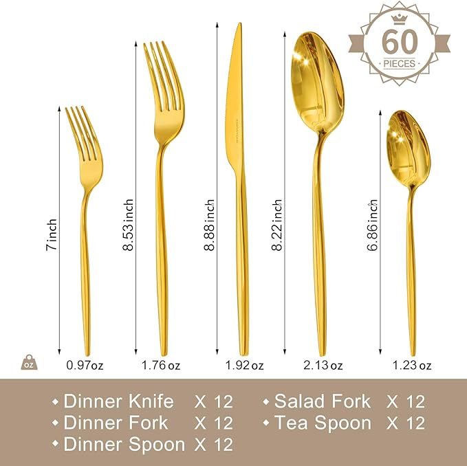 KINGSTONE Silverware Set, 60-Piece Flatware Set Cutlery Set Premium 18/10 Stainless Steel, Tableware Include Forks Knives Spoons for Home Kitchen Restaurant Wedding, Dishwasher Safe,Gold
