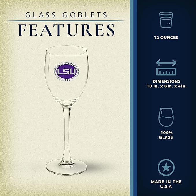 Heritage Pewter LSU Tigers Glass Goblets – Set of 2 | 12 OZ Goblet Wine Glasses | Expertly Crafted Pewter Glass