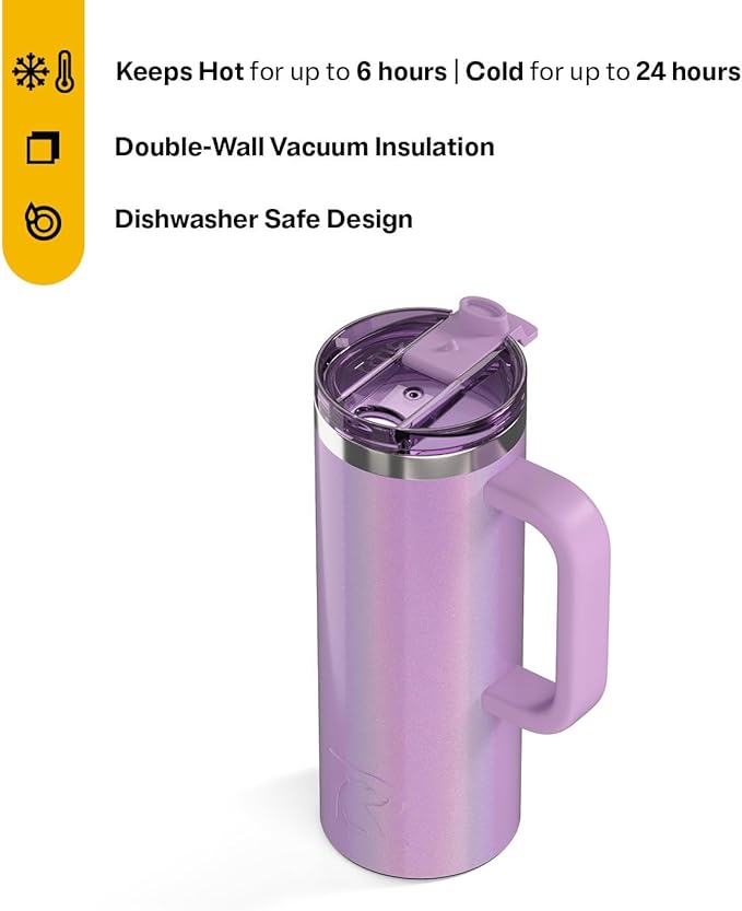 RTIC 20oz Road Trip Travel Mug with Lid and Handle, Ceramic Lined, Insulated, Stainless Steel, Metal, Double Wall Vacuum-Insulation, Portable Coffee, Tea Cup for Hot and Cold Drink, Lavender Glitter
