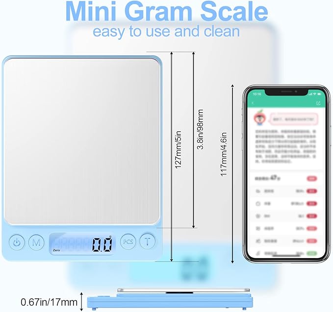 Digital Food Scale for Food Ounces and Grams，YONCON 3000g/0.1g Accuracy Multifunctional Kitchen Scale for Cooking, Baking | Small Size for Easy Storage | 2 Trays，Tare Function