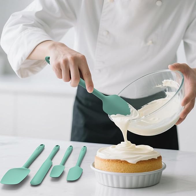 Coukre Silicone Spatula Set of 5,High Heat Resistant, Food Grade Silicone, Upgraded Extended Reinforced Handle,Dishwasher Safe, for Baking, Cooking (Pure Aqua Green, Solid color)