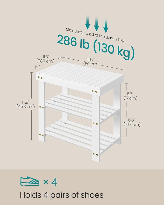 SONGMICS Shoe Rack Bench, 3-Tier Bamboo Shoe Storage Organizer, Entryway Bench, Holds Up to 286 lb, 11.3 x 19.7 x 17.8 Inches, for Entryway Bathroom Bedroom, Cloud White ULBS001W01