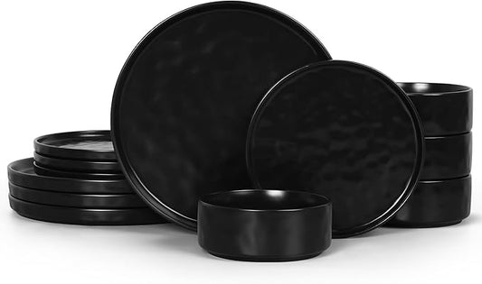 LIANYU Dinnerware Dishes Sets for 4, 12 Piece Stoneware Dinner Plates and Bowls Set, Ceramic Dinning Dishware Includes Salad Plate, Cereal Bowls, Chip Resistant & Dishwasher Safe, Obsidian Matte Black
