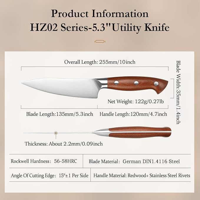 HEZHEN Petty Knife - 5.3” Chef Utility Knife, High Carbon German 1.4116 Stainless Steel Blade, Full Tang, Red Wood Handle, Premium Gift Box,