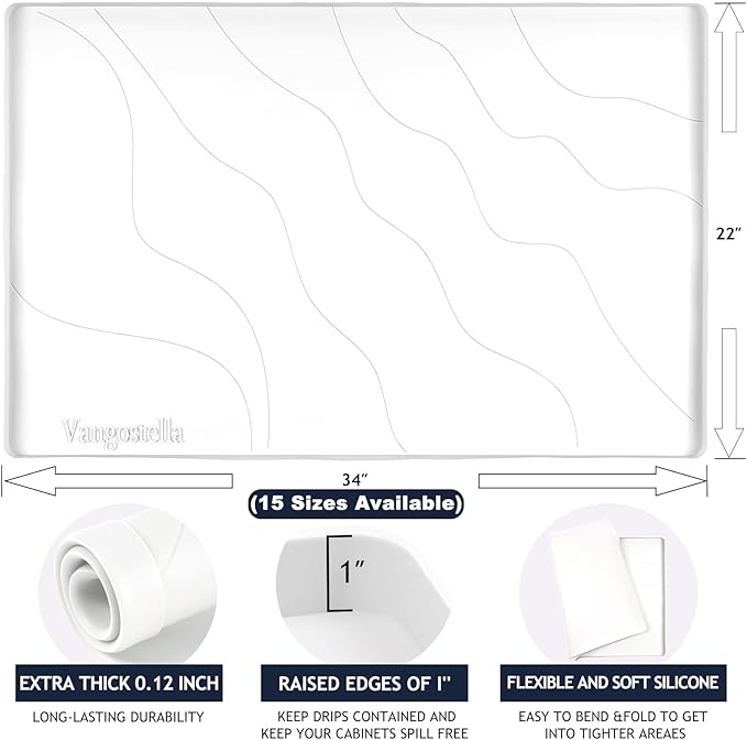 Heavy Duty Silicone Under Sink Mats for Kitchen Waterproof 37" x 19", Extra Thick Under Sink Rubber Mat Drip Tray, Raised Edge Under Sink Liner,Prevent Drips, Leaks, Spills,White