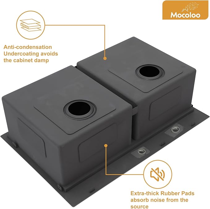 Mocoloo Black Drop In Kitchen Sink - 50/50 Black Drop In Double Bowl NANO-PVD 16 Gauge Stainless Steel Topmount Kitchen Sinks Handmade, 33''x22''x10''