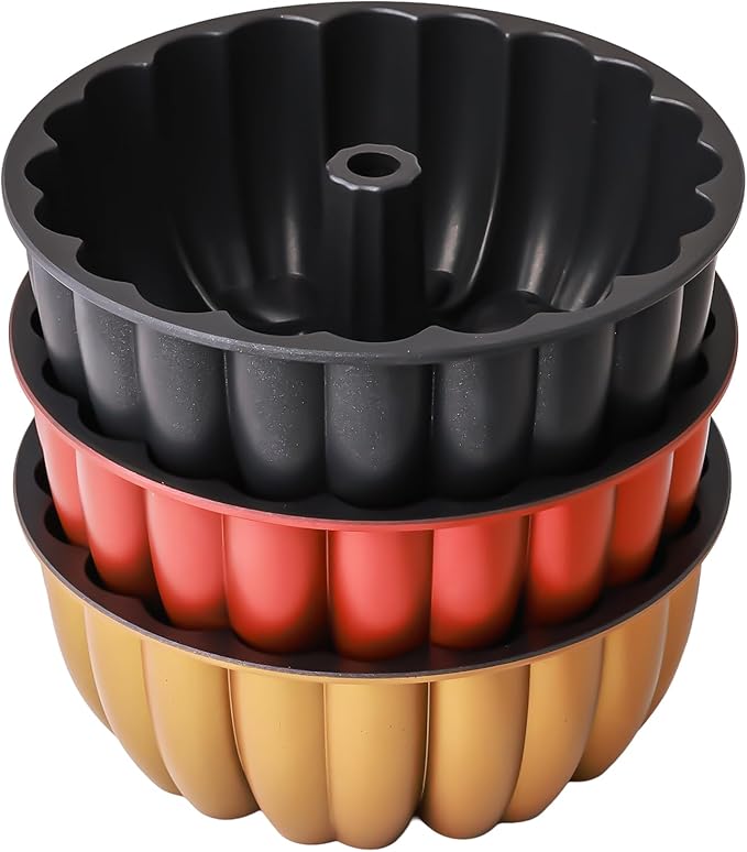 Heart Shape Cast Aluminum Molded Cake Pan, Titanium Coating, Non-Stick, 12 Cups, 10 Inch Pound Pan intended for Bundt Cakes, Gifts for Mom, Fluted Tube, Easy to Clean (3-Pack, Gold-Black-Red)
