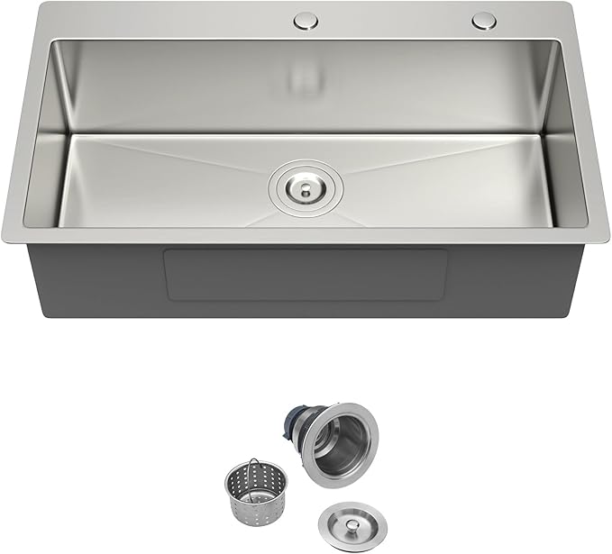 33 Inch Drop In Kitchen Sink - 33 x 19 Topmount Kitchen Sinks Stainless Steel 16 Gauge Single Bowl Handmade Top Mount Sinks with Offset Drainer