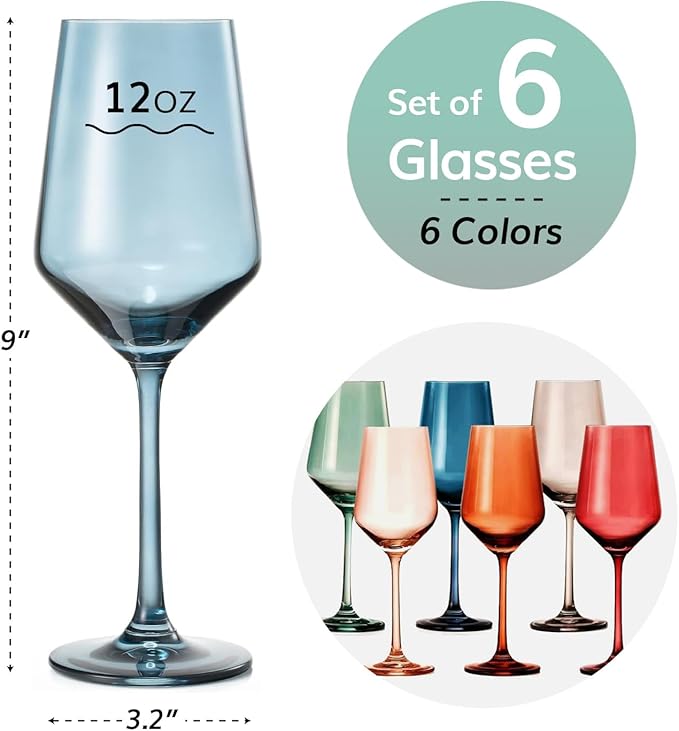 Colored Crystal Wine Glasses - Water & Wine 12oz | Set of 6 | Cute Pastel Muted Crystal Cocktail Glassware, Unique Gift Wife, Her, Mom, Friend Goblet Cocktails, Red & White Tall Stemmed Drinkware