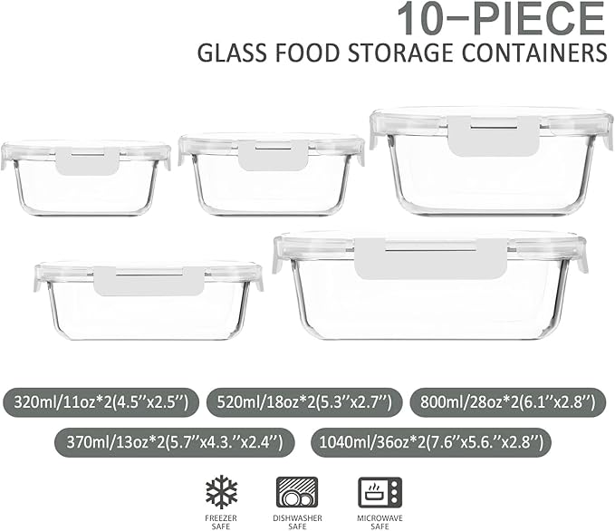 M MCIRCO 10-Pack Glass Food Storage Container with Lids, Airtight Lunch Bento Boxes, Glass Meal Prep Container,Microwave, Oven, Freezer and Dishwasher Friendly, White