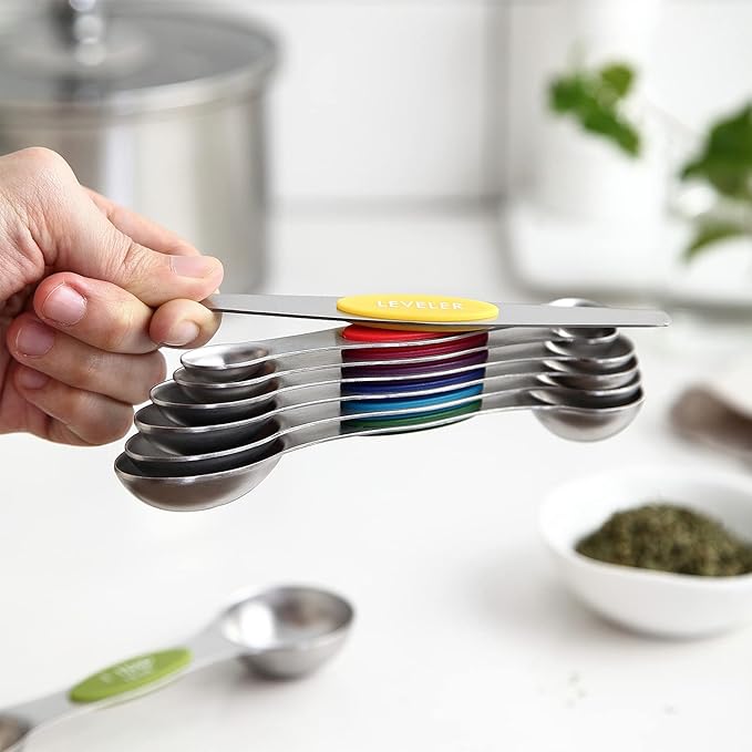 Spring Chef Stainless Steel Magnetic Measuring Spoons Set with Strong Magnets, Heavy Duty Metal Kitchen Essentials - Fits in Most Kitchen Spice Jars, Multicolor, Set of 8 with Leveler