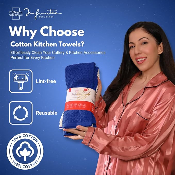 Infinitee Xclusives 100% Cotton Kitchen Towels - 15x25 Inch Ultra Soft Tea Towel, Super Absorbent Terry Dish Towels for Kitchen Linens |Blue|