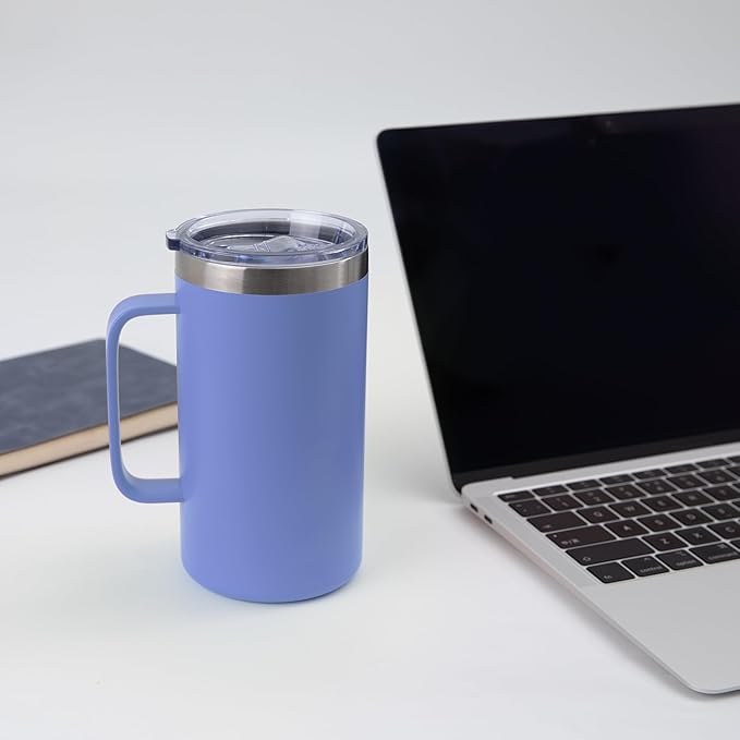DOMICARE 24oz Mug with Handle and Lid, Stainless Steel Coffee Mug, Travel Mug with Handle, Double Wall Vacuum Coffee Tumbler, Reusable Insulated Cup, Blue, Pack 4