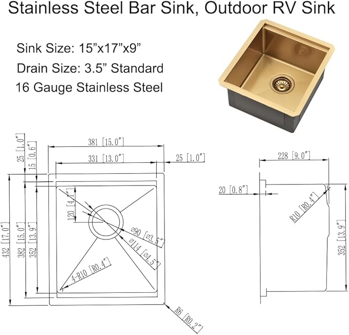 Gold Bar Sink, 15 x 17 Inch Undermount Kitchen Sink Small Wet Bar Prep 16 Guage Stainless Steel Single Bowl Basin