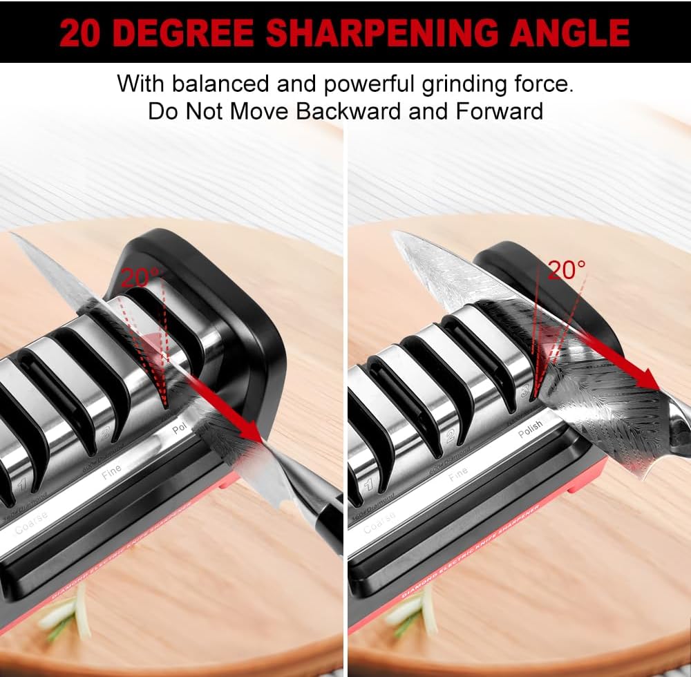 Electric Knife Sharpener,Professional kitchen knife sharpener,Diamond abrasive and precision Angle guide 3 stage slot home sharpener,Sharpening and Polishing, Red