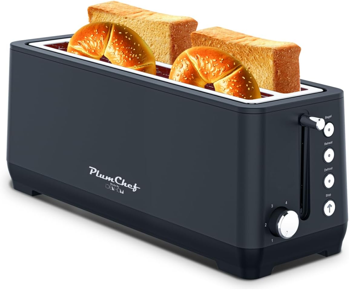 4-Slice Toaster, Extra Wide Long Slot Toaster with Warming Rack, 6 Browning Settings, Bagel/Defrost/Reheat Functions, Removable Crumb Tray, Stainless Steel Housing 1350W (1, Matte Blue)