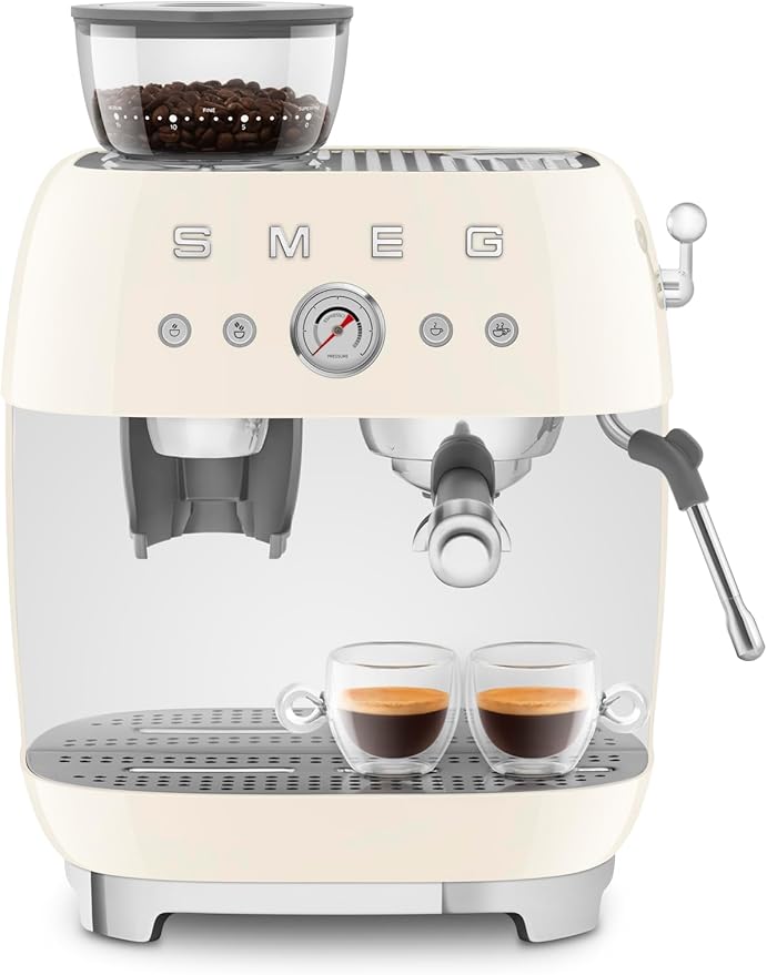 Smeg EGF03 Semi-Automatic Espresso Machine with Built-In Grinder, Dual Thermoblock, 50’s Retro Style – Cream (120 V)