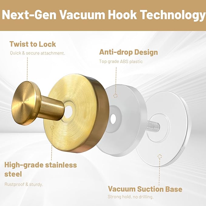 4 Pcs Suction Cup Hook for Shower，Removable Hooks，Towel Hooks，Suction Hooks for Bathroom, Bedroom, Glass Window (Gold)