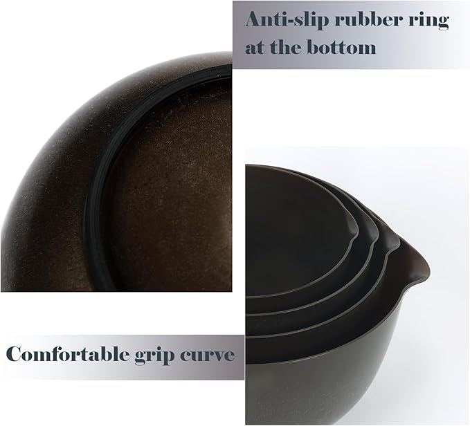 BoxedHome 4 Quart Large Plastic Mixing Bowls, Microwave Safe Mixing Bowl Set with Pour Spout, Nesting Bowls for Space Saving Storage(brown)