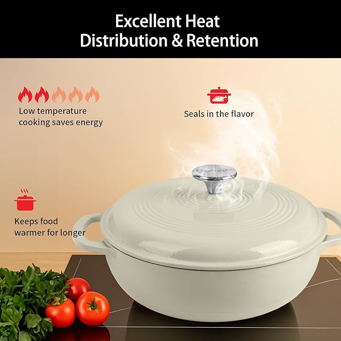 Enameled Cast Iron Dutch Oven Pot with Lid, 3 Quart Shallow Dutch Oven, Oven Safe up to 500° F, Suitable for Bread Baking, Braising, Roasting, Stews, White