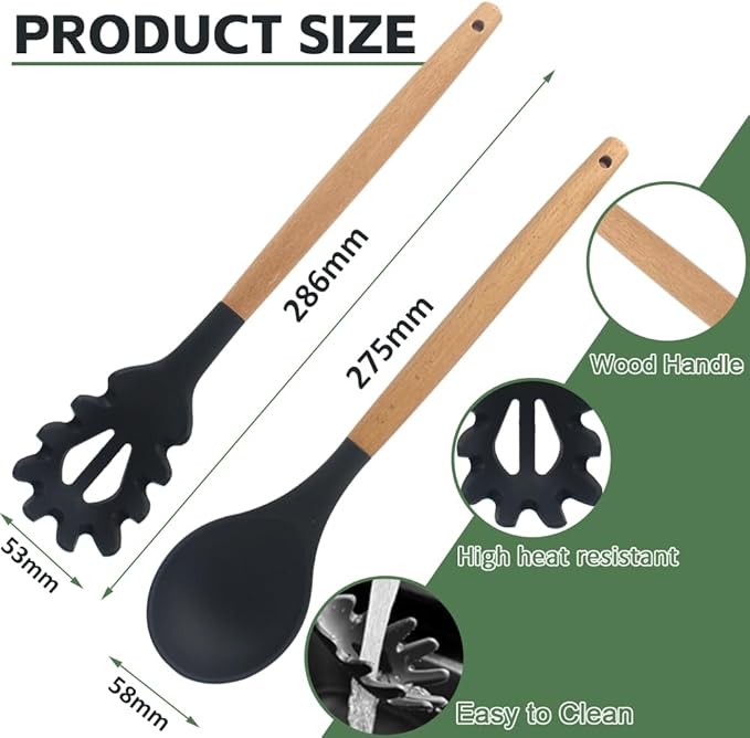 Silicone Pasta Fork and Silicone Cooking Spoon Set, Large Non Stick Kitchen Utensils for Cooking, Stirring, Serving Spaghetti, Soup, Sauce