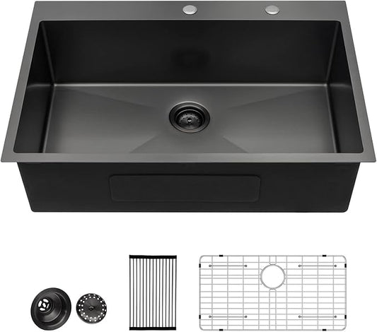 Lordear 30x22 Kitchen Sink Black Drop In Single Bowl 16 Gauge Stainless Steel Gunmetal Black 30 Inch Topmount Kitchen Sinks 30" Basin