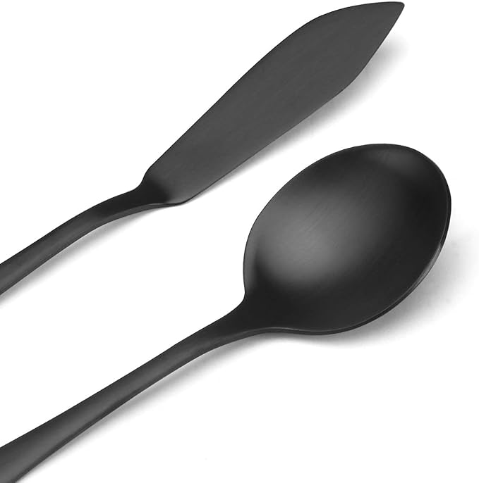 Matte Black Serving Set，SHARECOOK 5-Piece 18/0 Stainless Steel Large Hostess Set with Round Edge, Satin Finished, Dishwasher Safe -Spoons, Forks,Butter Knife& Slotted Spoon