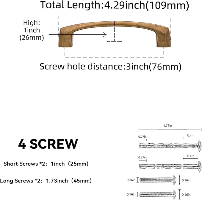 10 Pack 3 Inch(76mm) Kitchen Cabinet Handles Antique Brass Cabinet Pulls Vintage Drawer Pulls Aged Kitchen Hardware