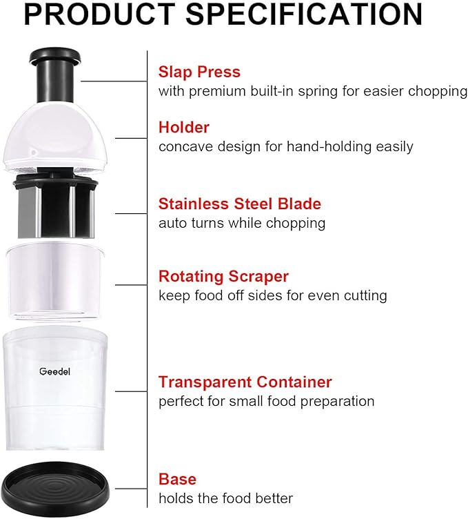 Geedel Food Chopper, Easy to Clean Manual Hand Vegetable Chopper Dicer, Dishwasher Safe Slap Onion Chopper for Veggies Onions Garlic Nuts Salads White