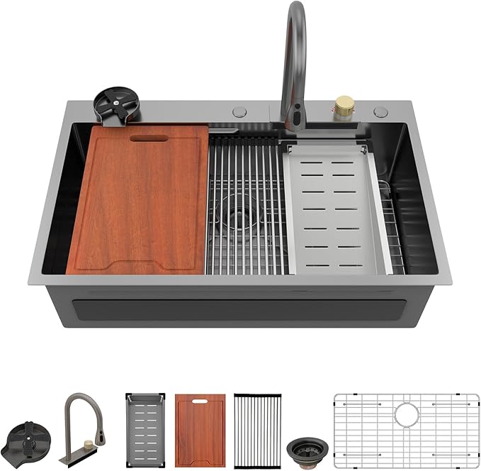Lordear 36 Waterfall Kitchen Sink Drop In 36"x22" Workstation Gunmetal Black 16 Gauge Single Bowl Topmount Handmade Sinks with Pull Out Faucet,Glass Rinser Included
