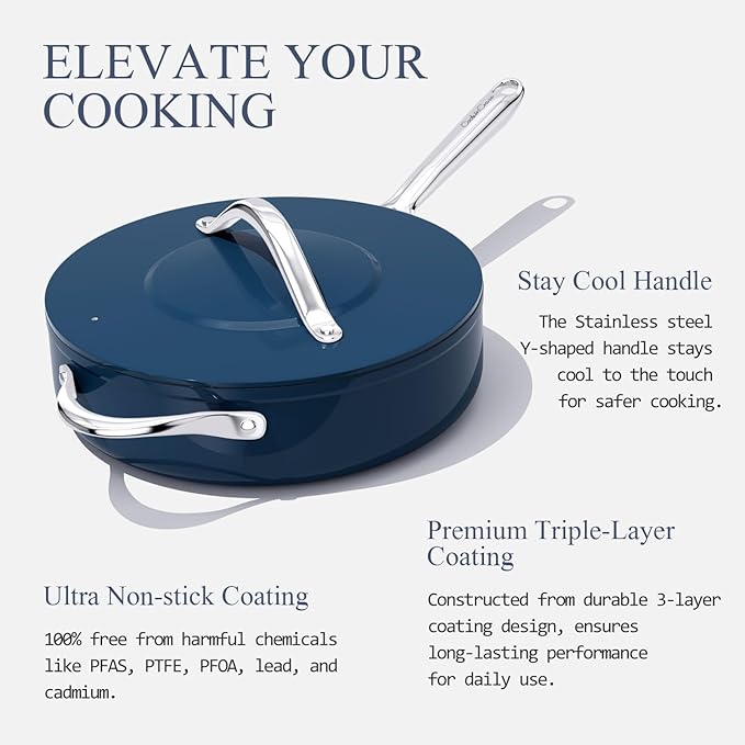 Nonstick Ceramic Sauté Pan w/Lid (4.5 qt, 11") Deep Frying Pan for All Cooktops Non Toxic Skillet PTFE/PFOA/PFAS Free, Even Heat Distribution Stainless Steel Stay-Cool Handle, Navy Blue