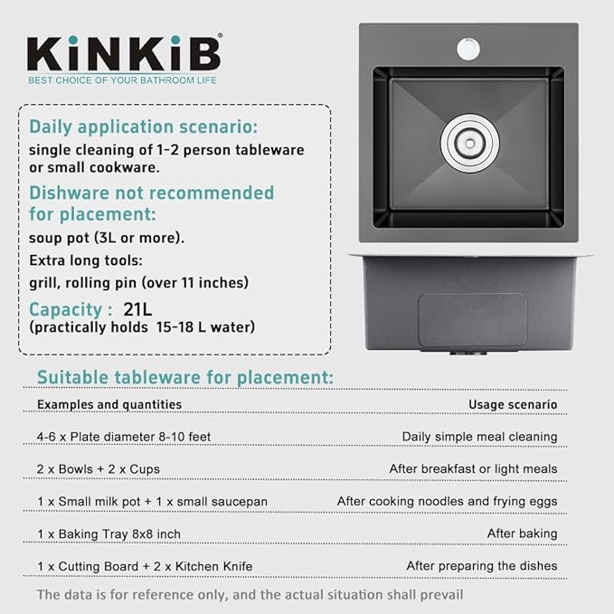 15 inch Drop in Bar Sink Black, Small Topmount Kitchen Sink Single Bowl, Handmade T-304 Stainless Steel Overmount Kitchen Bar Sink with Basket Strainer