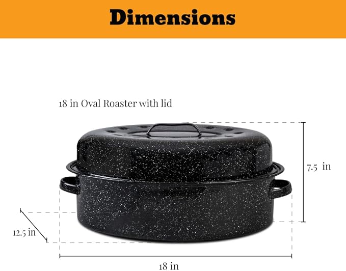 Granite Ware 4-Piece 18-in Roasting Set w/Lid, Enameled Steel, Speckled Black