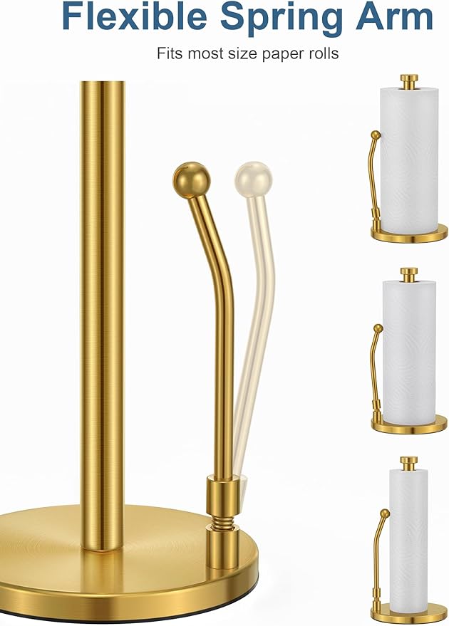 SMARTAKE Paper Towel Holder, Paper Towel Dispenser Standing Weighted Base Non Slip, Spring Arm Fit Most Size Paper Roll, Stainless Steel Kitchen Roll Stand for Home Kitchen Countertop Tabletop, Gold