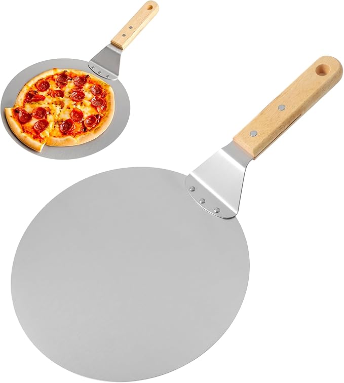 vzaahu Pizza Peel 10 inch, Aluminum Round Spatula, Small Medium Size with 8.6 inch Wooden Handle, Pie Making Light-weighted Tool for Homemade Bread, 2-3 family size