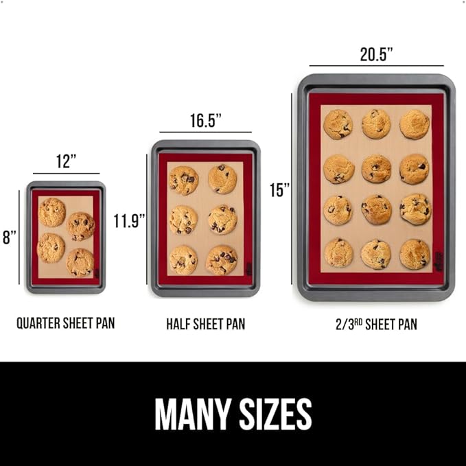 GORILLA GRIP Reusable Nonstick Silicone Baking Mat, 2-Pack, BPA-Free Oven Safe Food Liner for Toaster Ovens, Mini Cookie Sheets, Easy Clean, Holiday Baking Essentials, 11.75x8.25, Quarter Sheet, Red