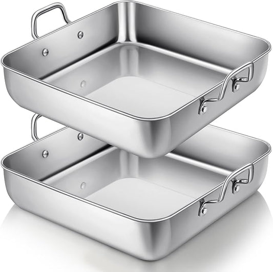 2 Pcs 8" x 8" Square Baking Pan Stainless Steel Cake Pan with Handles Nonstick Brownie Bakeware for Cakes Breads Casseroles Vegetables Dishwasher Safe Birthday Wedding Party