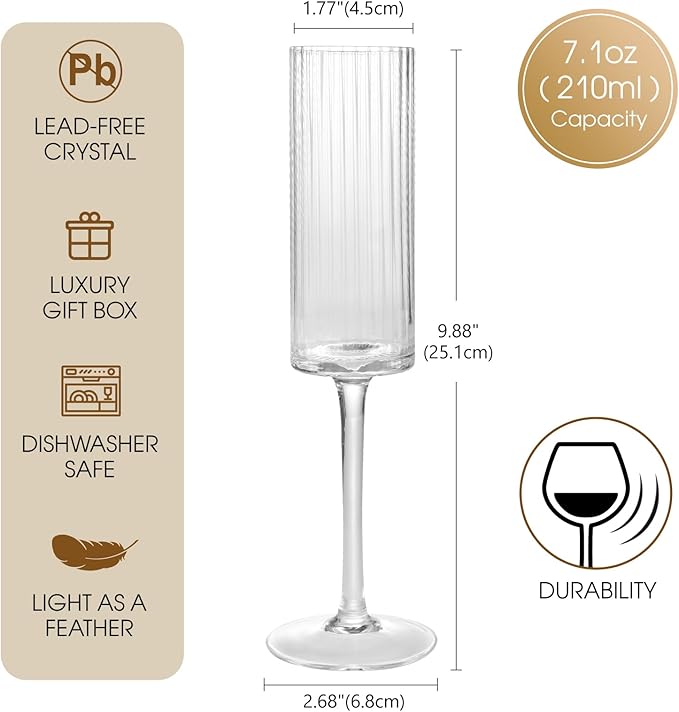 Topsky Ribbed Champagne Flutes Set of 2, 7 oz Crystal Champagne Glasses, Vintage Unique Ridged Design, Clear Mimosa Glasses, Cocktail or Wedding Toasting Glasses, Inner Stripe