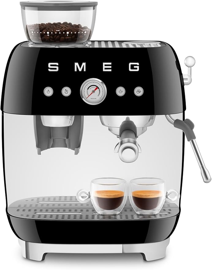 Smeg EGF03 Semi-Automatic Espresso Machine with Built-In Grinder, Dual Thermoblock, 50’s Retro Style – Black (120 V)