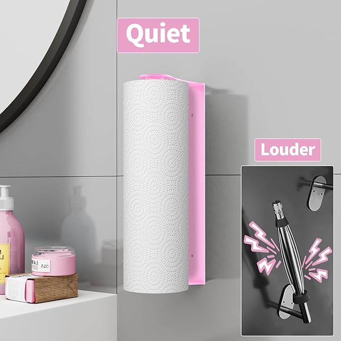 Pink Paper Towel Holder Under Cabinet, Pink Kitchen Accessories Decor, Stainless Steel, Wall Mount Paper Roll Holder for Bathroom, Adhesive or Screws