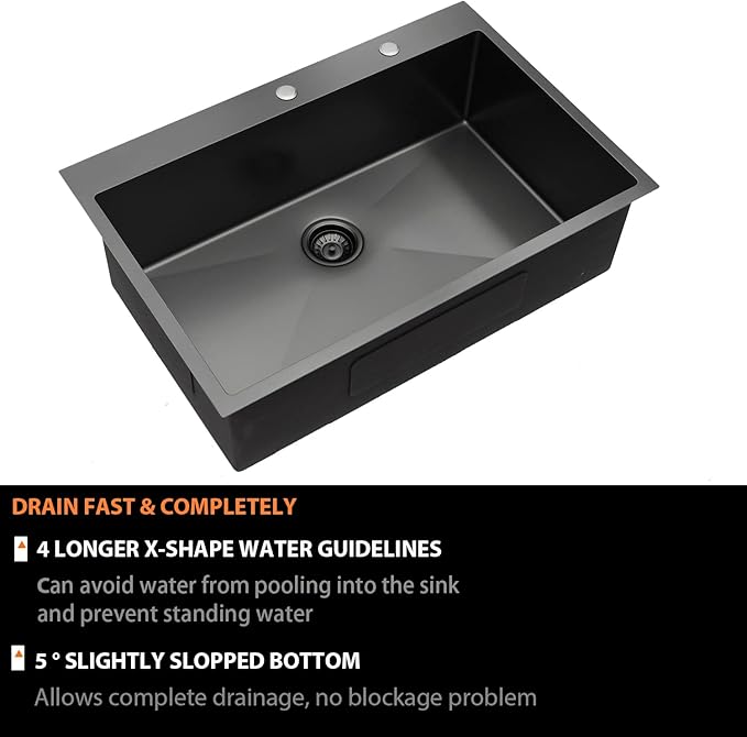 Lordear 30x22 Kitchen Sink Black Drop In Single Bowl 16 Gauge Stainless Steel Gunmetal Black 30 Inch Topmount Kitchen Sinks 30" Basin