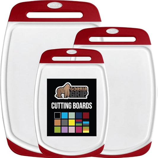 GORILLA GRIP BPA-Free Reversible Kitchen Cutting Board Set of 3, US Designed, Nonporous, Juice Grooves Catch Liquid, Slip Resistant Border, Durable Food Chopping Boards, Christmas Kitchen Decor, Red