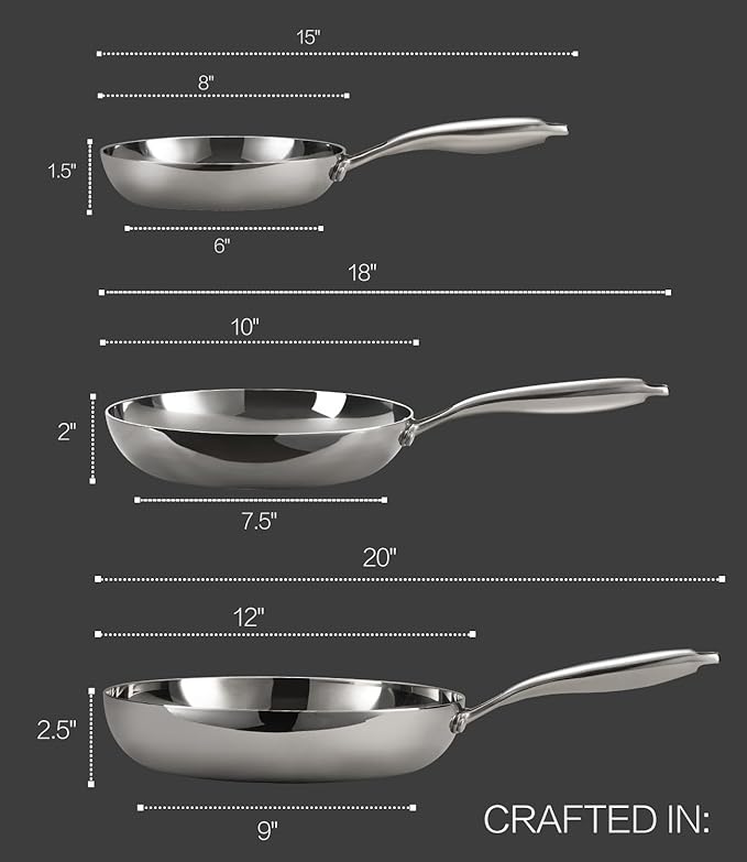 Stainless Steel Frying Pan Sets 6 Piece 8, 10 & 12 Inch with Lids, Oven & Dishwasher Safe Fast and Even Heating Stay Cool Handles Non-toxic PFOA Free Stir Fry Pan Skillets Sets