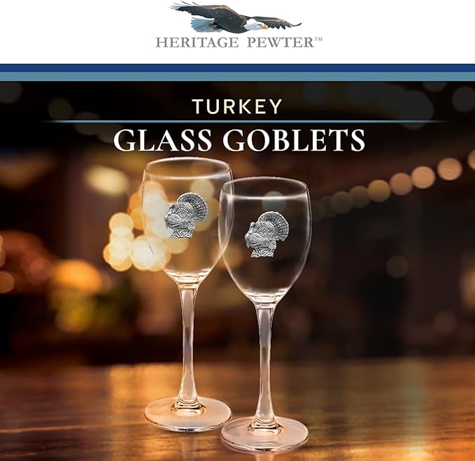 Heritage Pewter Turkeys Glass Goblets – Set of 2 | 12 OZ Goblet Wine Glasses | Expertly Crafted Pewter Glass