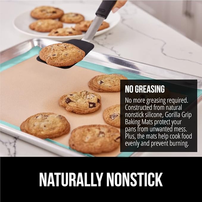 GORILLA GRIP Reusable Nonstick Silicone Baking Mat, 2-Pack, 20.5x14.62, 2/3 Sheet, BPA-Free Oven Safe Food Liner for Cookie Sheets, No Mess Easy Clean Pastry Mats, Holiday Baking Essentials, Mint