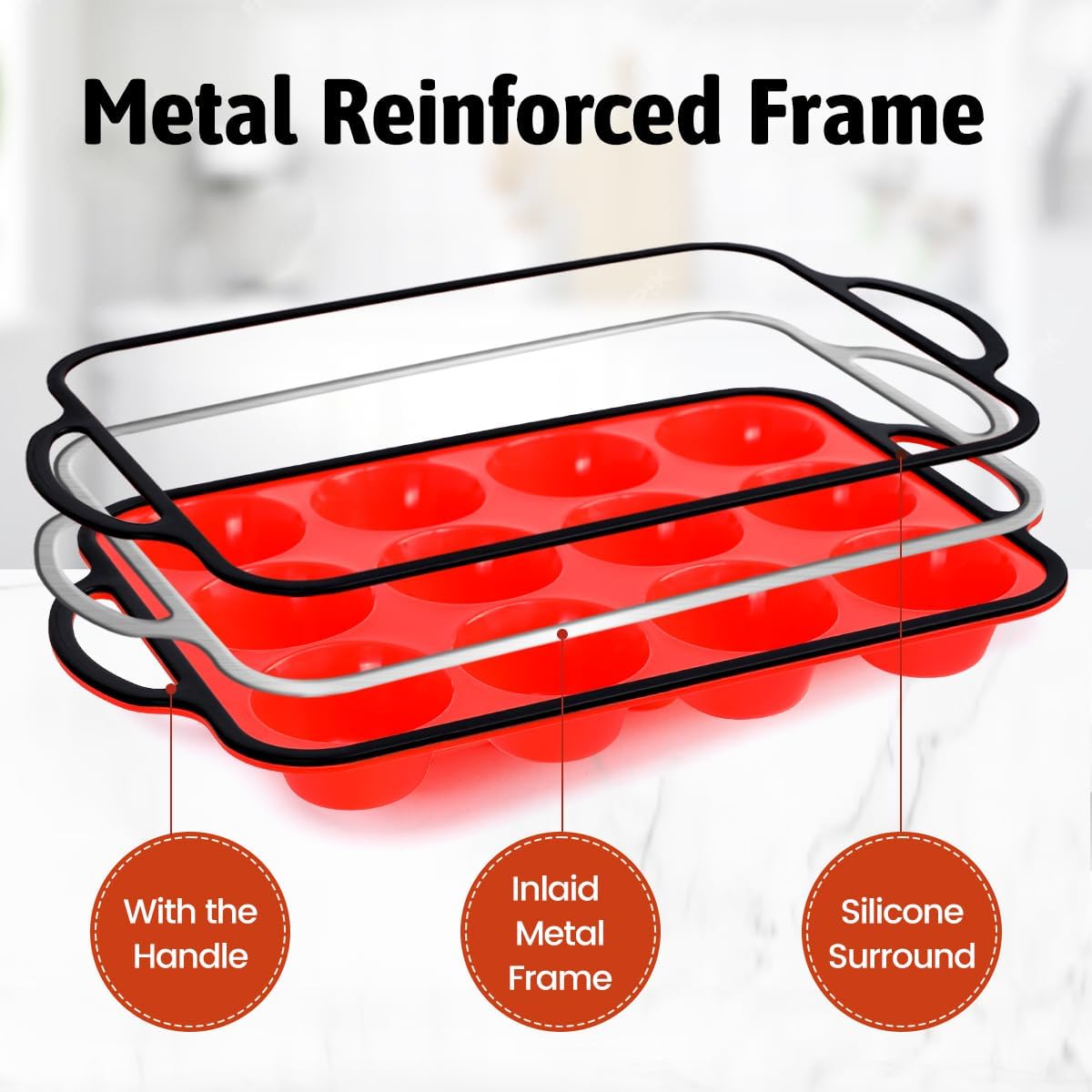 FUNBAKY Silicone Muffin Pan With Metal Frame, Muffin Tins Nonstick 12 Cups Regular Size Muffin Pan for Baking Muffin, Cupcake Food Grade